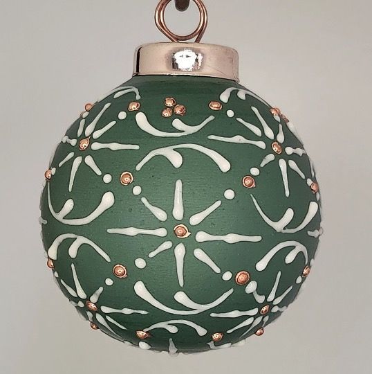 Snow Flakes Christmas Ornament: Gold & White on Green 2.5"