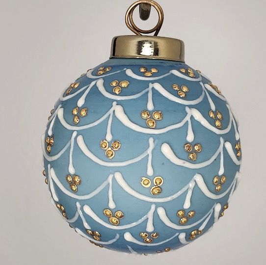 Pinecone Christmas Ornament: Gold & White on Blue 2.5"
