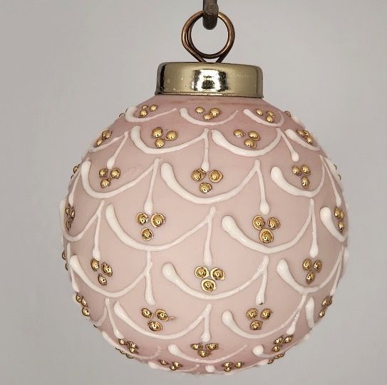 Pinecone Christmas Ornament: Gold & White on Pink 2.5"