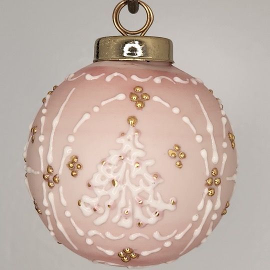 O Christmas Tree Porcelain Christmas Ornament: White & Gold on Pink 2.5"