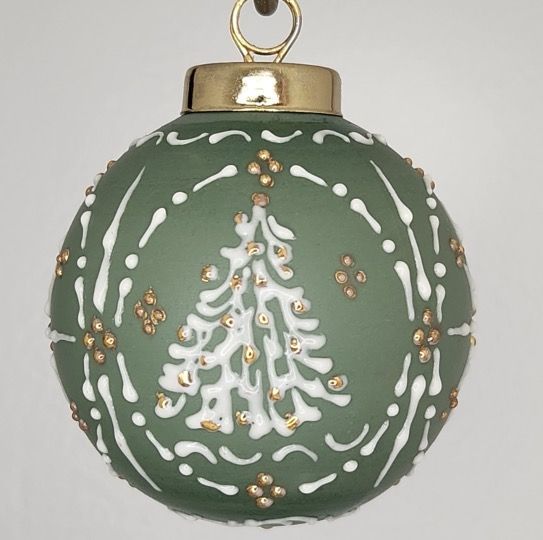 O Christmas Tree Porcelain Christmas Ornament: White & Gold on Green 2.5"