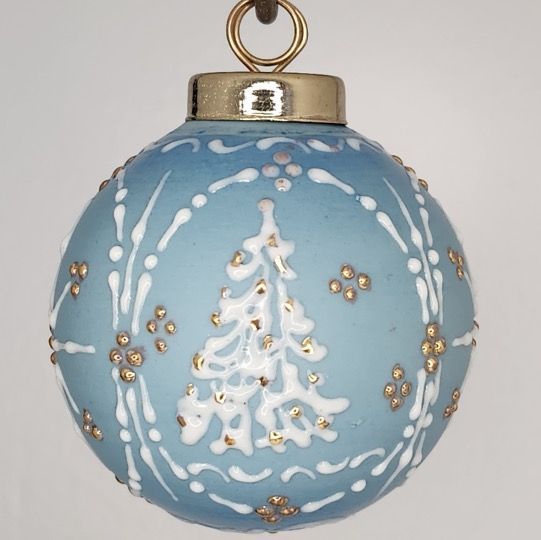 O Christmas Tree Porcelain Christmas Ornament: White & Gold on Blue 2.5"