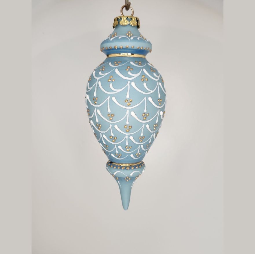 Petite Granville Pinecone Blue Porcelain Christmas Ornament 6.75"