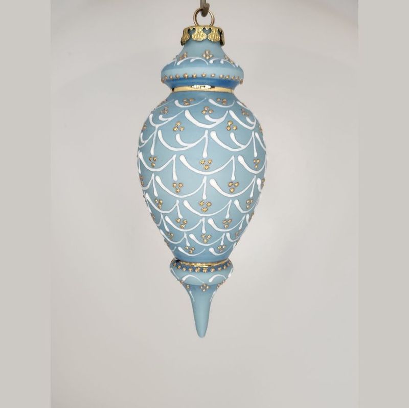 Petite Granville Pinecone Blue Porcelain Christmas Ornament 6.75"