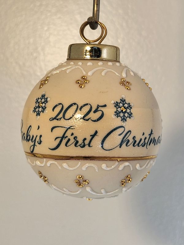 Ivory Ball with Baby's First Christmas Fleur Di Lis 2.5"