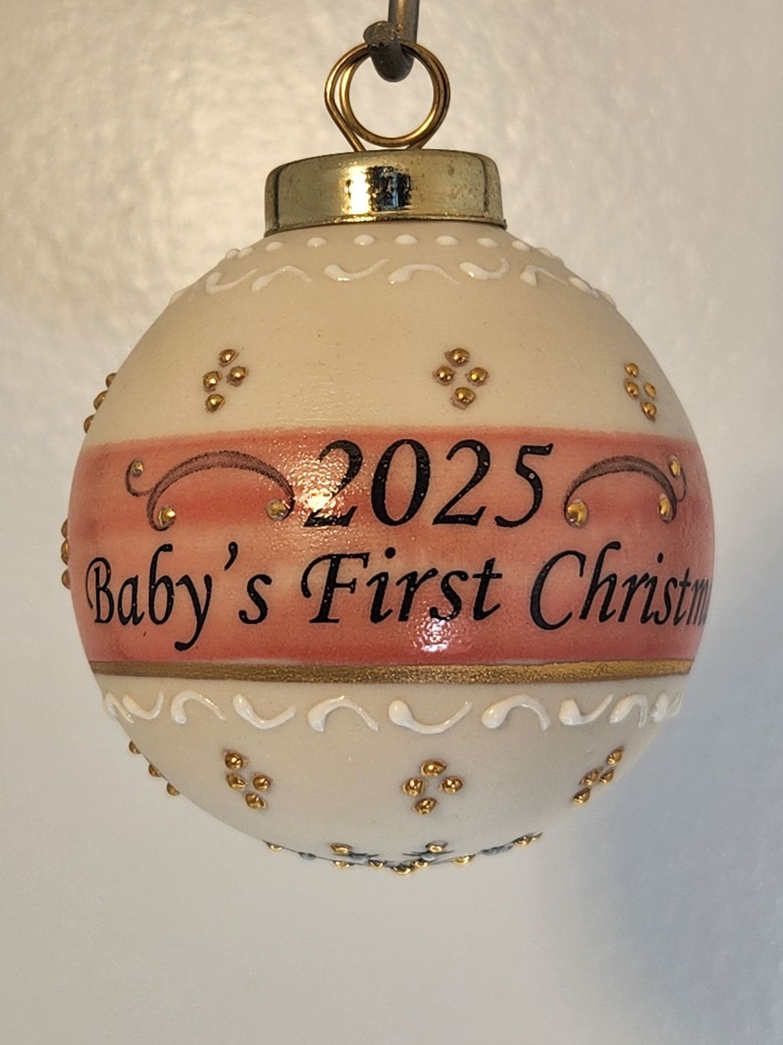 Ivory Ball with Baby's First Christmas Reindeer Games Pink 2.5"