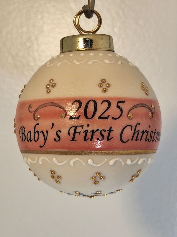 Ivory Ball with Baby's First Christmas Reindeer Games Pink 2.5"