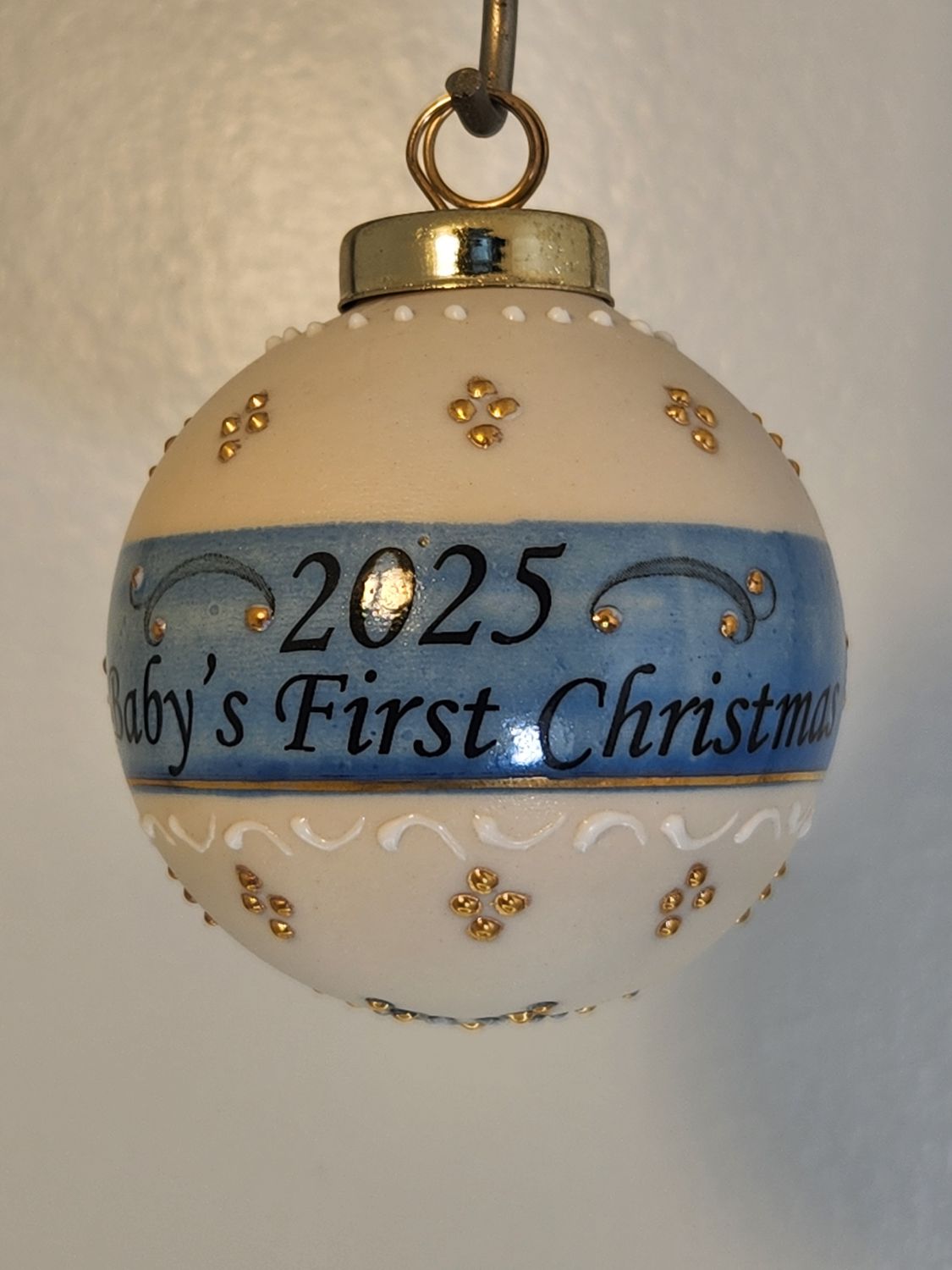 Ivory Ball with Baby's First Christmas Reindeer Games Blue 2.5"