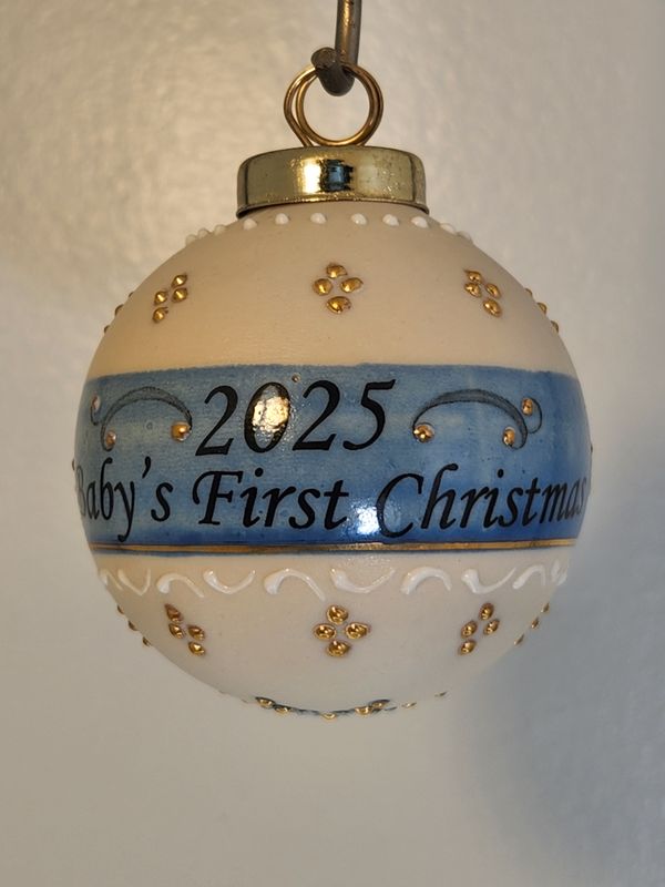 Ivory Ball with Baby's First Christmas Reindeer Games Blue 2.5"