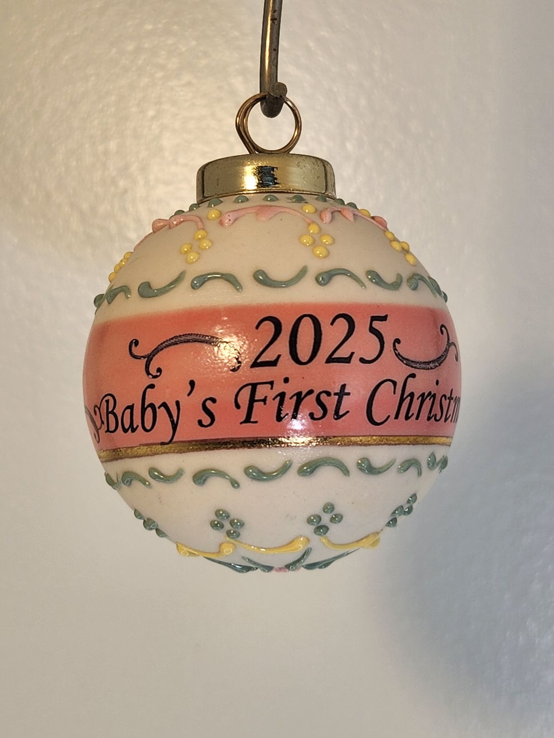 Ivory Ball with Baby's First Christmas Ducky Pink 2.5"