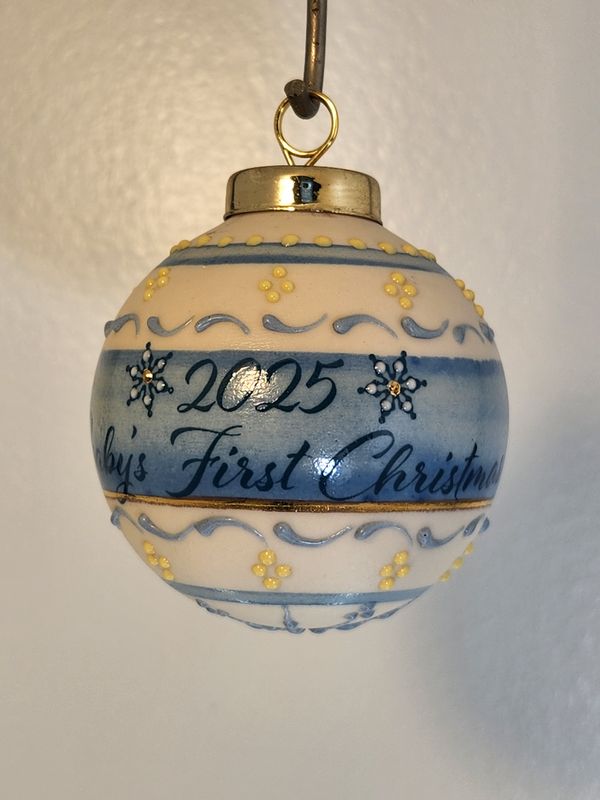 Ivory Ball with Baby's First Christmas Ducky Blue 2.5"