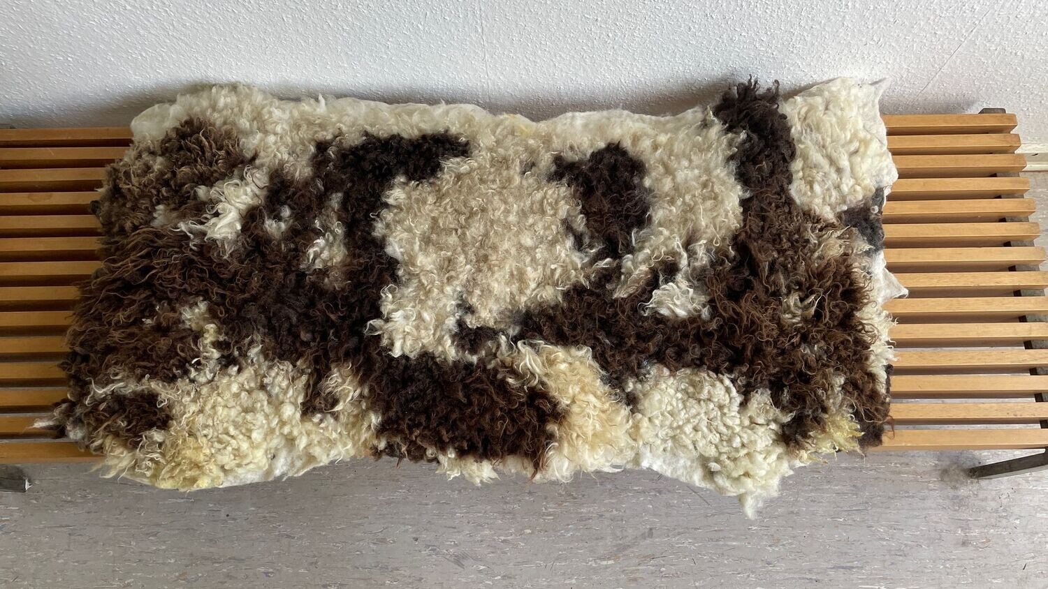 Großes langes Fell von der Großes langes Fell von der "Schaalsee-Schecke" weiss, dunkelbraun gefleckt. Für Wand, Boden oder Sofa, ca 65 x 130cm