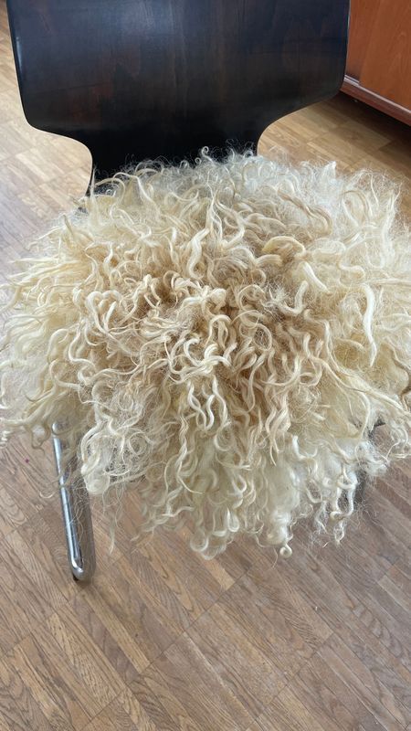 Sitzkissen "Walachenschaf" #1 mit extra langen hellen glänzenden Haaren.