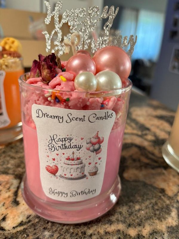 Happy Birthday 12 0z candle scented in Sugar Lychee Sorbet