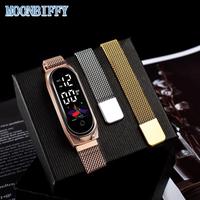 Women Water-proof Watch Luxury Bracelet Watch Milanese Stainless Steel LED Electronic Watch Magnetic Buckle Ladies Sport  Watch