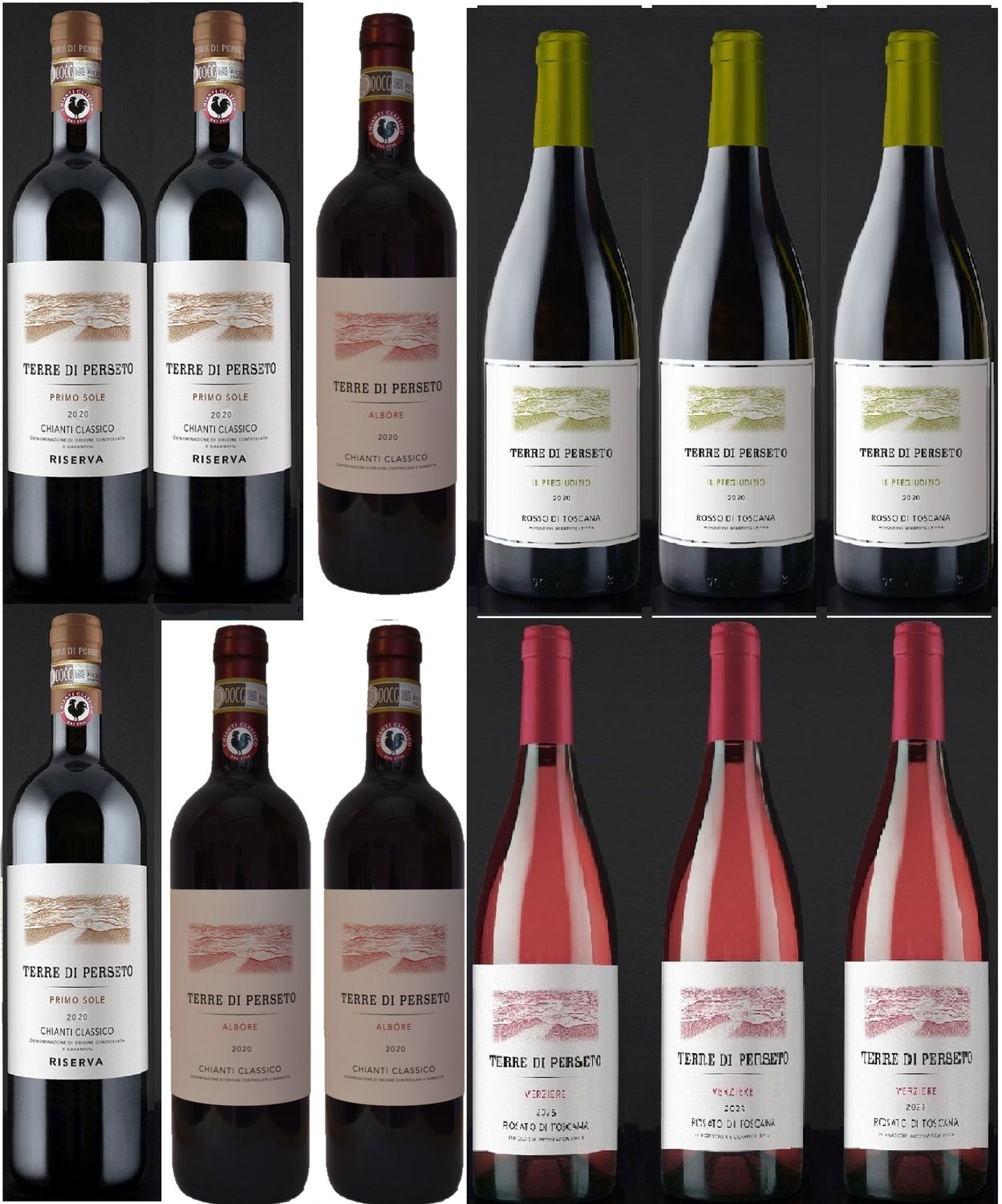 PACKAGE &quot;DEEP &amp; EASY&quot;: 3 RISERVA PRIMO SOLE CH.CLASS+3 ALBORE CH. CLASS+ 3 SUPERTUSCAN IL PREGIUDIZIO + 3 VERZIERE ROSE&#39; WINE// TOTAL PRICE FOR 12 BOTTLES