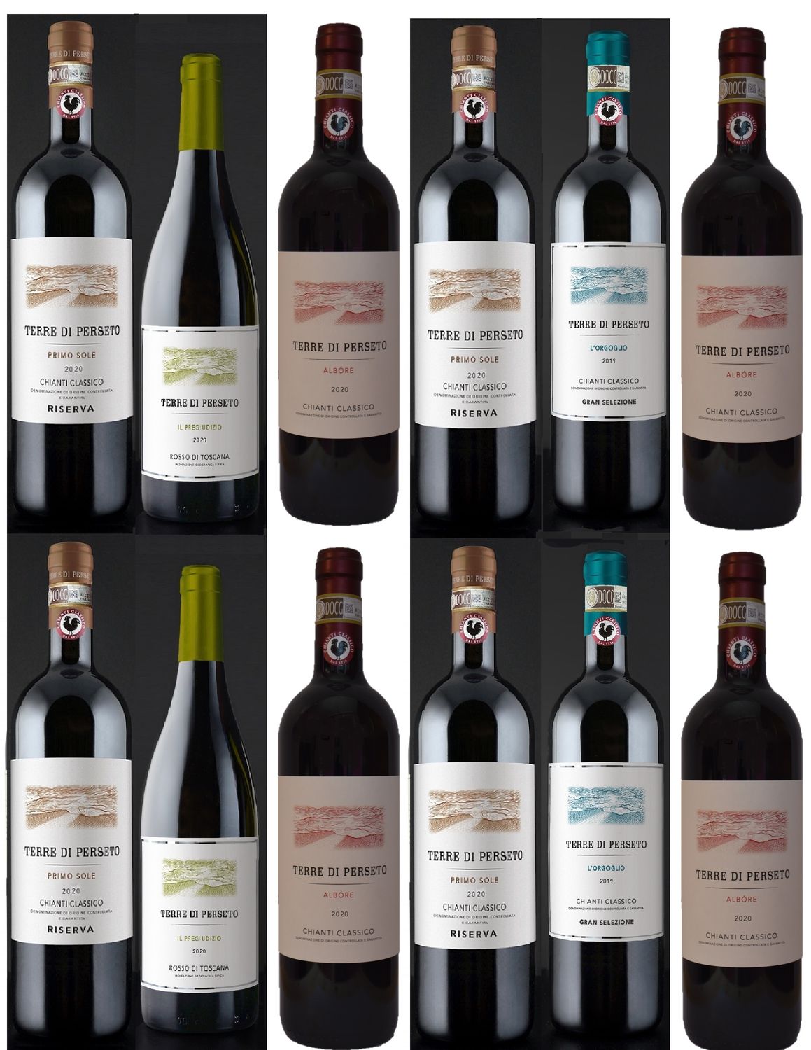 PACKAGE &quot;SUPERTUSCAN+CHIANTI CLASSICO COLLECTION&quot;: 2 GRAND SELECTION &quot;L&#39;ORGOGLIO&quot;+4 &quot;PRIMO SOLE RISERVA&quot; CH.CLASS.+4 &quot;ALBORE&quot; CH.CLASS.+2 SUPERTUSCAN &quot;PREGIUDIZIO&quot;// TOTAL PRICE FOR 12 BOTTLES