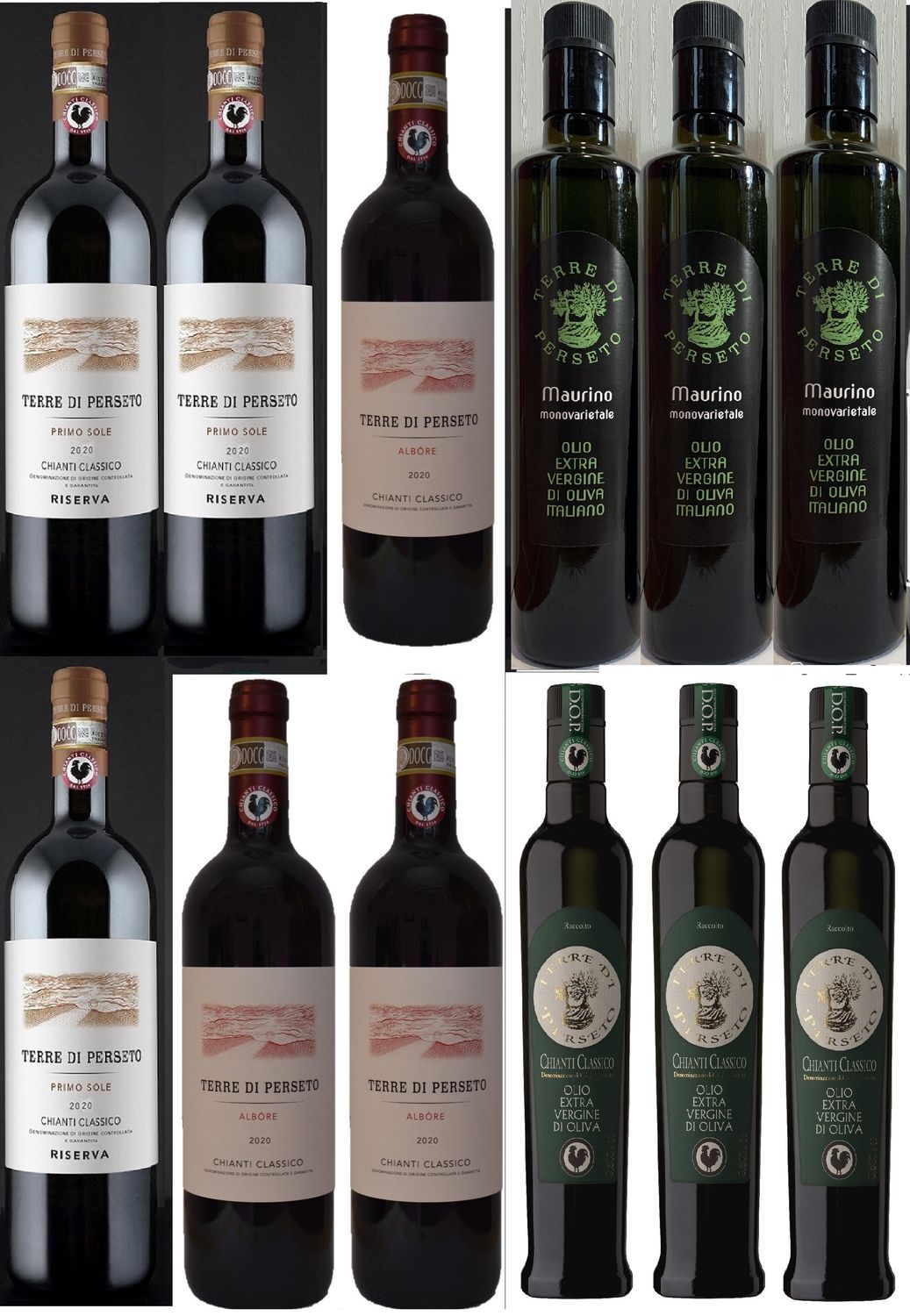 PACKAGE &quot;CHIANTI &amp; 2 OILS&quot;: 3 RISERVA PRIMO SOLE CH.CLASS+3 ALBORE CH. CLASS+ 3 MAURINO EVO OIL + 3 DOP BLACK ROOSTER EVO OIL// TOTAL PRICE FOR 12 BOTTLES