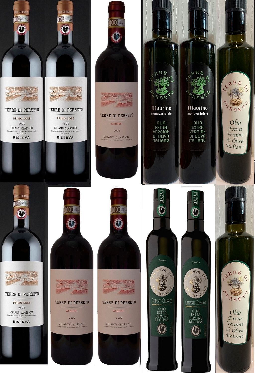 6 EVO OILS (2 bottles 0.500L per EACH type we produce) + 6 CHIANTI CLASSICO wines which are: 3 RISERVA &quot;PRIMO SOLE&quot; and 3 VINTAGE &quot;ALBORE&quot;/ Total price for the 12 bottles