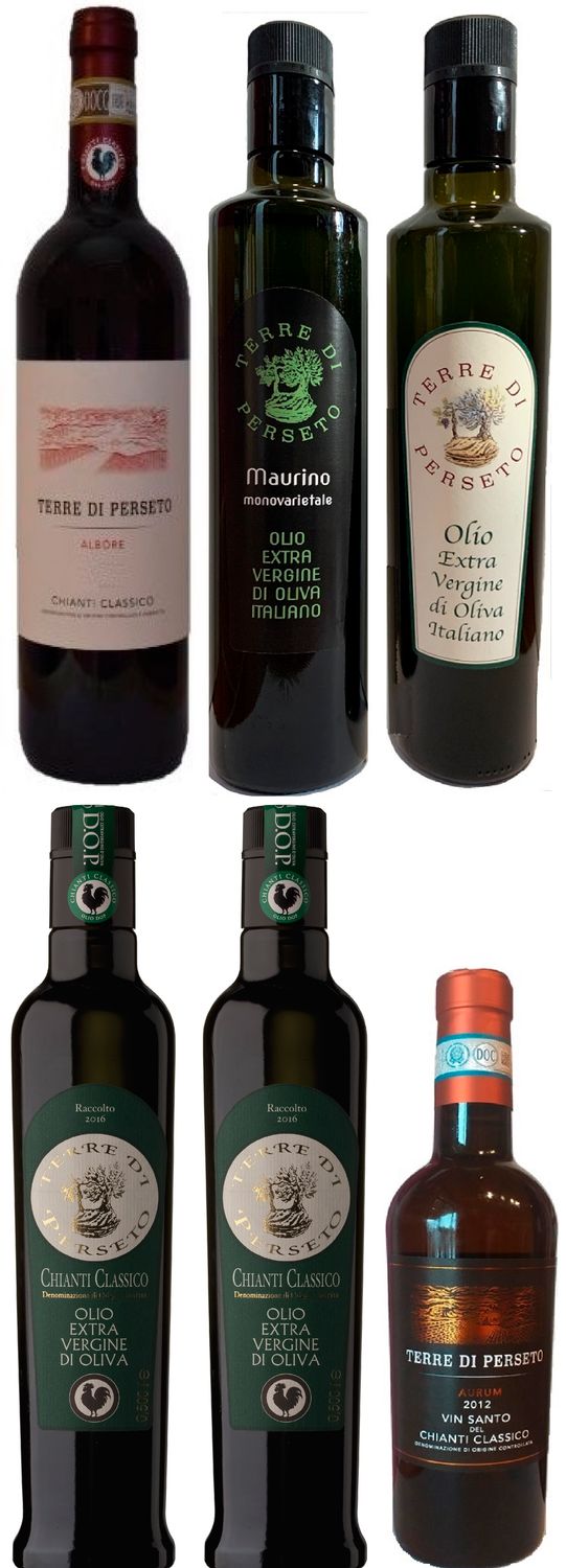 1 ALBORE CHIANTI CLASS +1 VIN SANTO DESSERT WINE +4 EXTRA VIRGIN OLIVE OILS (2 DOP Chianti Classico E.V.O.O.+1 MAURINO E.V.O.O.+1 ITALIAN E.V.O.O.)/ TOTAL PRICE FOR 6 BOTTLES 1 ALBORE CHIANTI CLASS +1 VIN SANTO DESSERT WINE +4 EXTRA VIRGIN OLIVE OILS (2 DOP Chianti Classico E.V.O.O.+1 MAURINO E.V.O.O.+1 ITALIAN E.V.O.O.)/ TOTAL PRICE FOR 6 BOTTLES