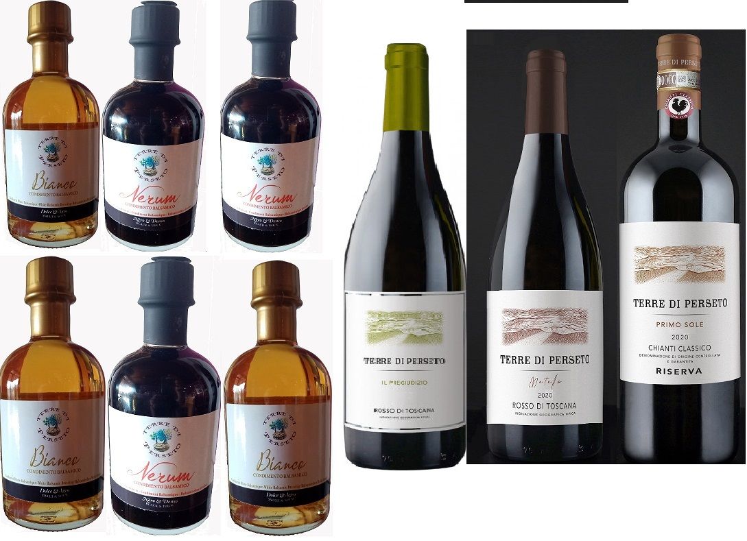 3 WINES (SuperTuscan, Metello, Riserva Chianti Classico) & 6 BALSAMIC DRESSINGS (3 BLACK & 3 WHITE): Total price for 9 bottles 3 WINES (SuperTuscan, Metello, Riserva Chianti Classico) & 6 BALSAMIC DRESSINGS (3 BLACK & 3 WHITE): Total price for 9 bottles