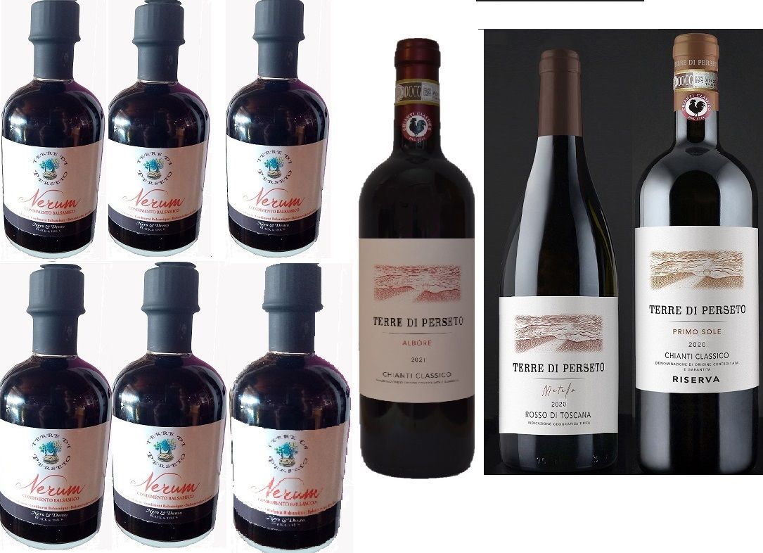 3 WINES (Albore Chianti Classico, Metello, Riserva Chianti Classico) & 6 BLACK BALSAMIC DRESSINGS: Total price for 9 bottles 3 WINES (Albore Chianti Classico, Metello, Riserva Chianti Classico) & 6 BLACK BALSAMIC DRESSINGS: Total price for 9 bottles