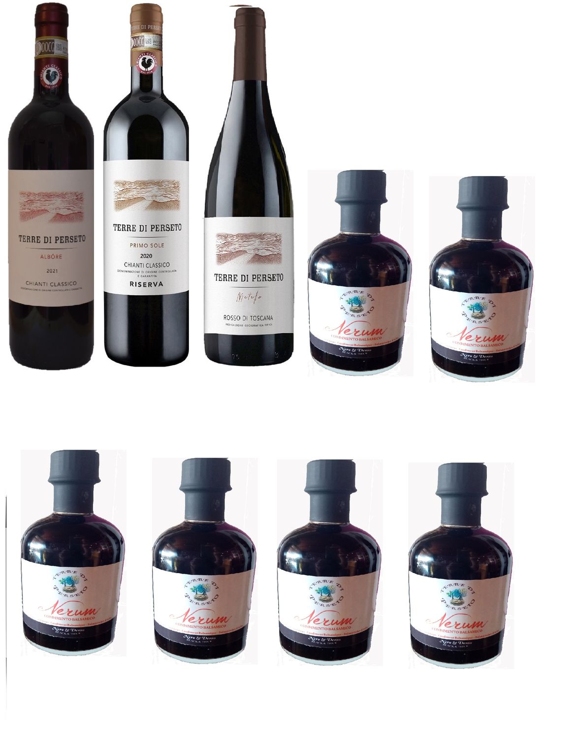 3 WINES (Albore Chianti Classico, Metello, Riserva Chianti Classico) & 6 BLACK BALSAMIC DRESSINGS: Total price for 9 bottles 3 WINES (Albore Chianti Classico, Metello, Riserva Chianti Classico) & 6 BLACK BALSAMIC DRESSINGS: Total price for 9 bottles