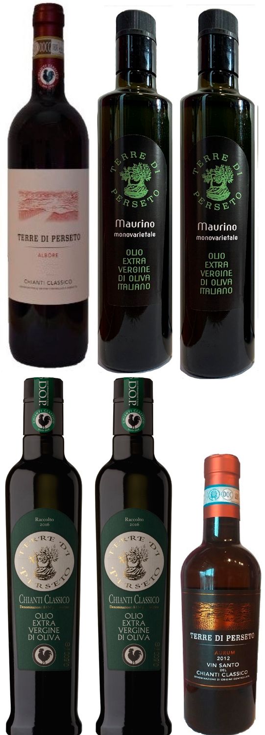 1 ALBORE CHIANTI CLASS +1 VIN SANTO DESSERT WINE +4 EXTRA VIRGIN OLIVE OILS (2 DOP Chianti Classico E.V.O.O.+2 MAURINO E.V.O.O.)/ TOTAL PRICE FOR 6 BOTTLES