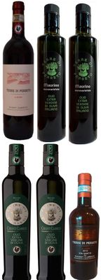 1 ALBORE CHIANTI CLASS +1 VIN SANTO DESSERT WINE +4 EXTRA VIRGIN OLIVE OILS (2 DOP Chianti Classico E.V.O.O.+2 MAURINO E.V.O.O.)/ TOTAL PRICE FOR 6 BOTTLES