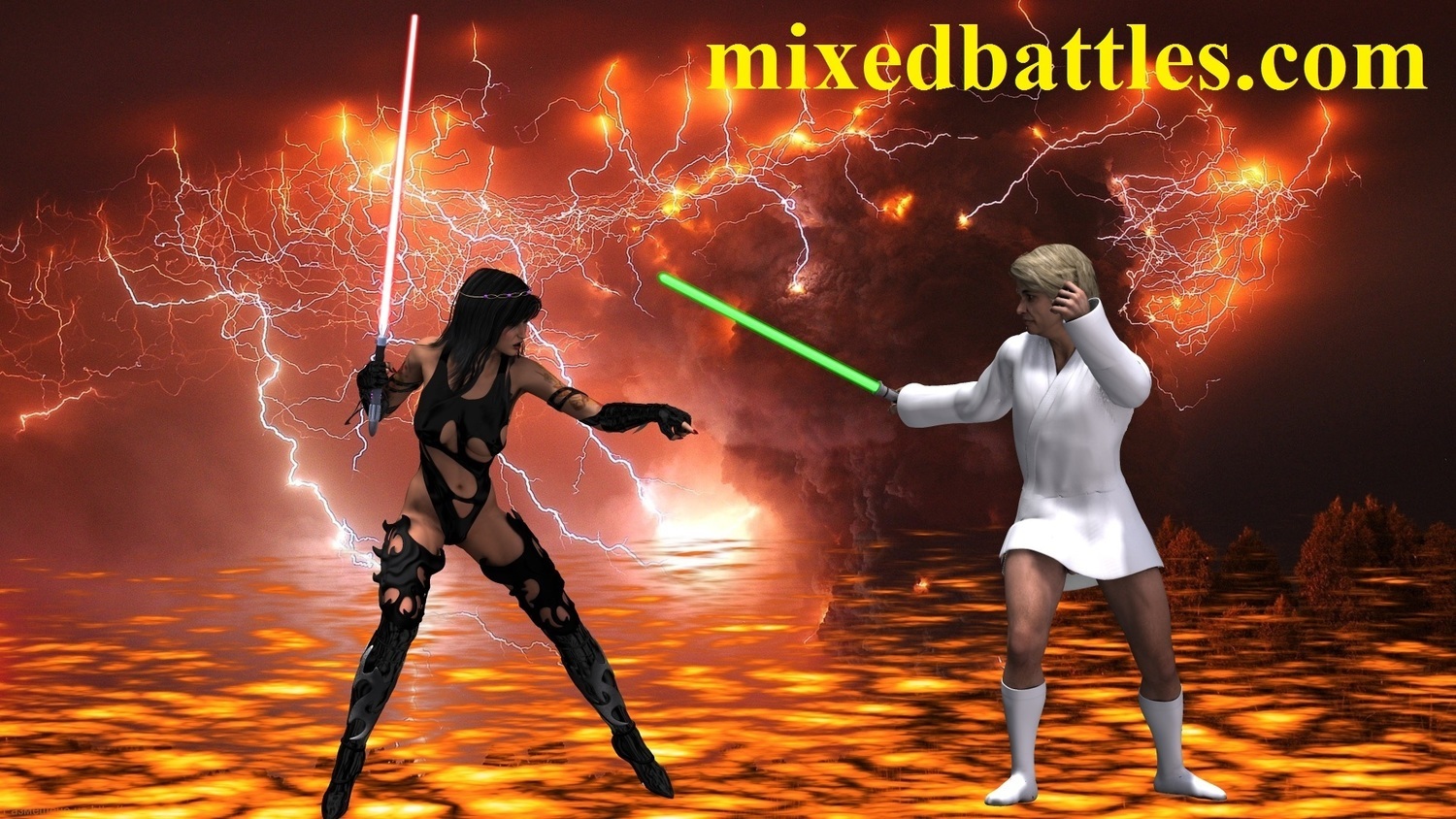female sith vs male jedi laser sword fighting