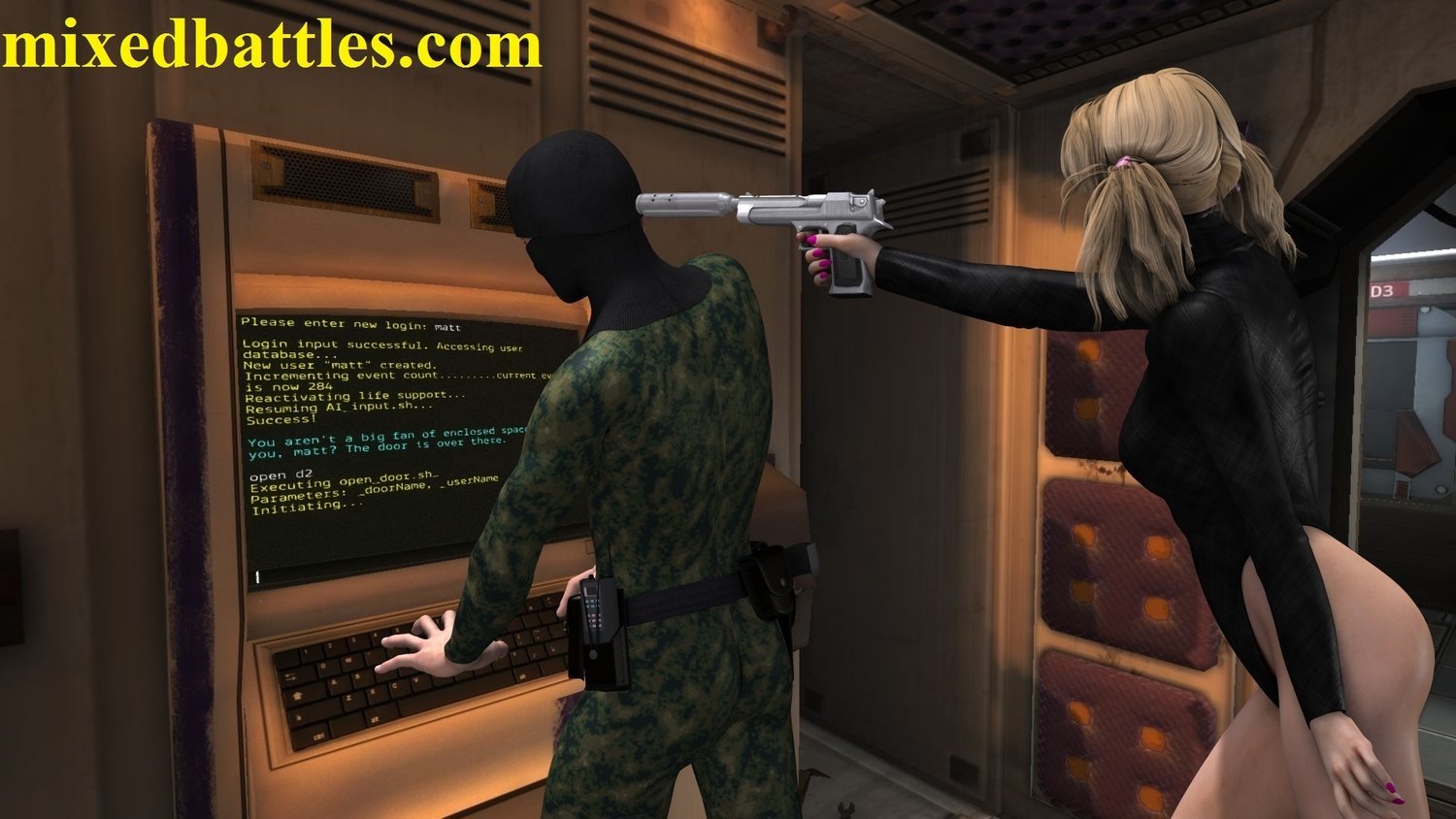 female assassin black gym leotard girl with gun