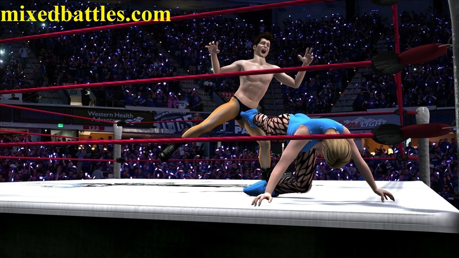 mixed wrestling woman vs man headlock