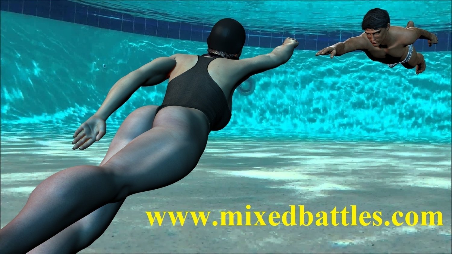 underwater mixed wrestling one piece bathing suit female domination fight
