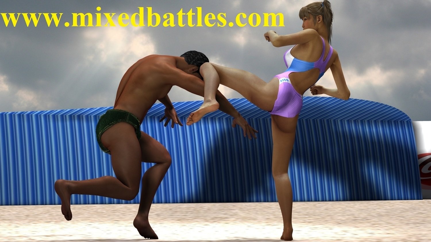 asian mixed wrestling racing one piece swimsuit femdom fight