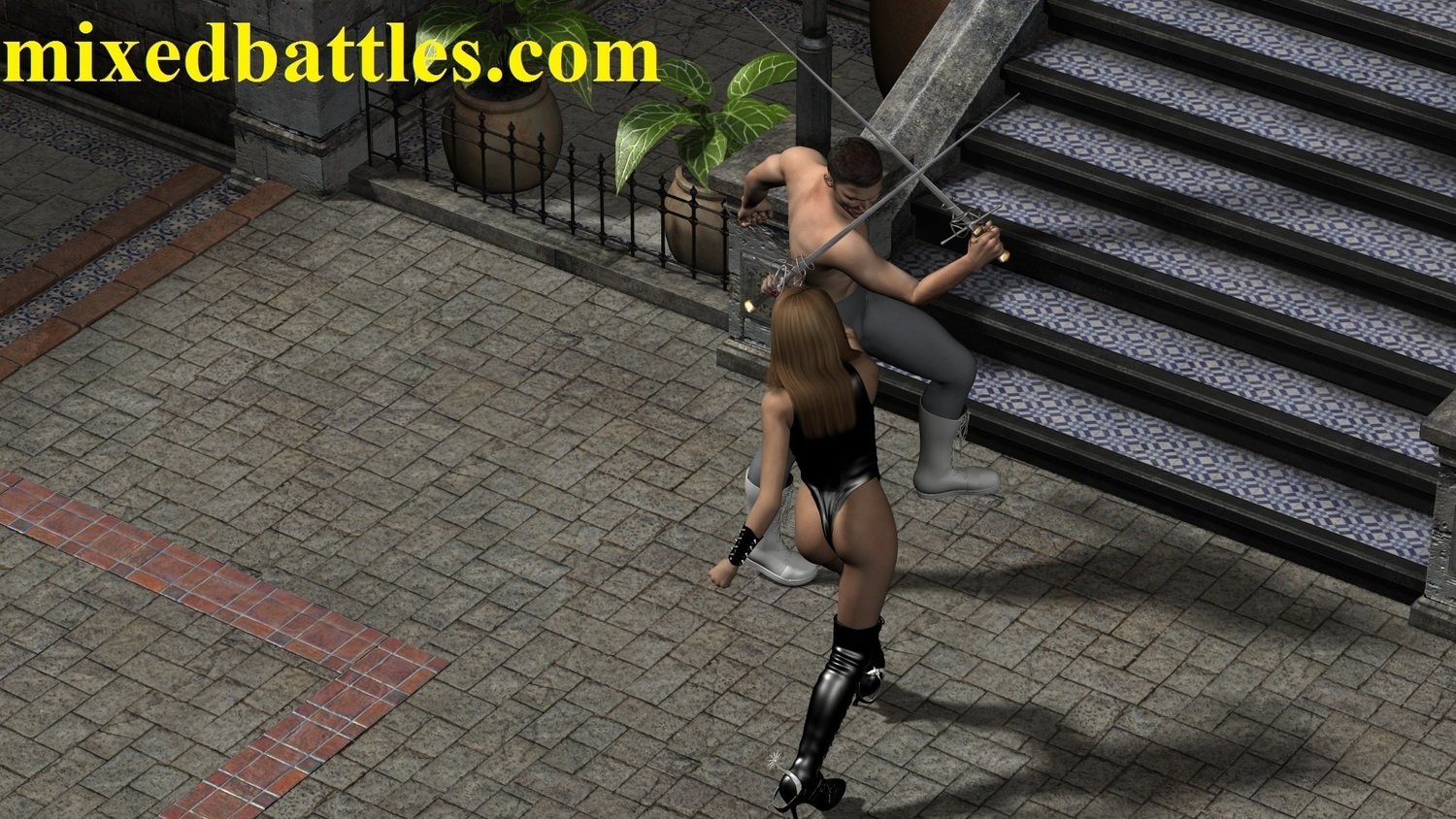 leather leotard woman vs man swordplay duel femdom fight