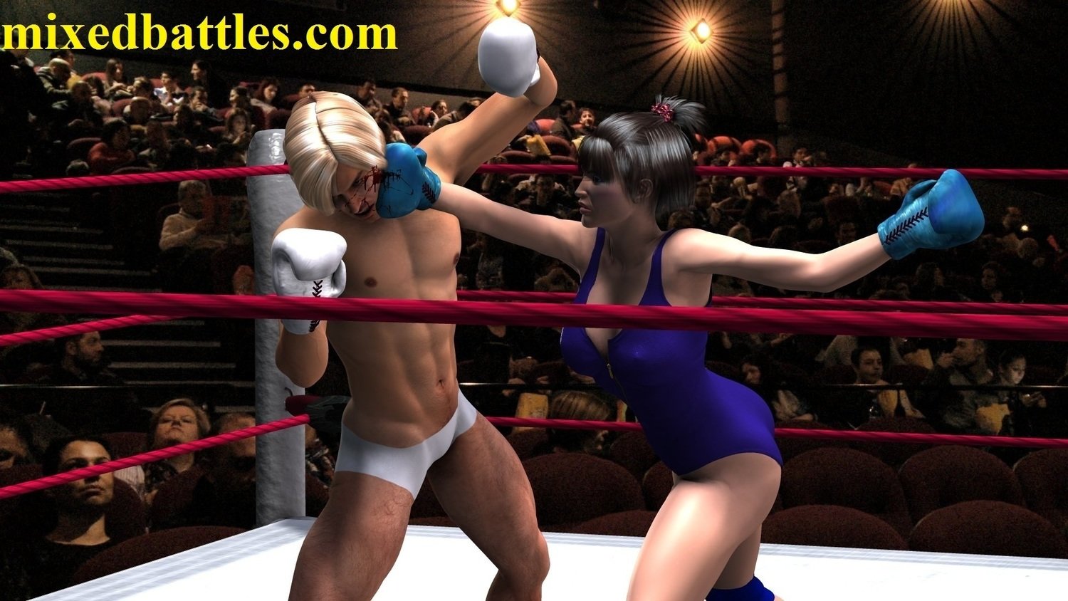 mixed boxing leotard woman in trouble bearhug