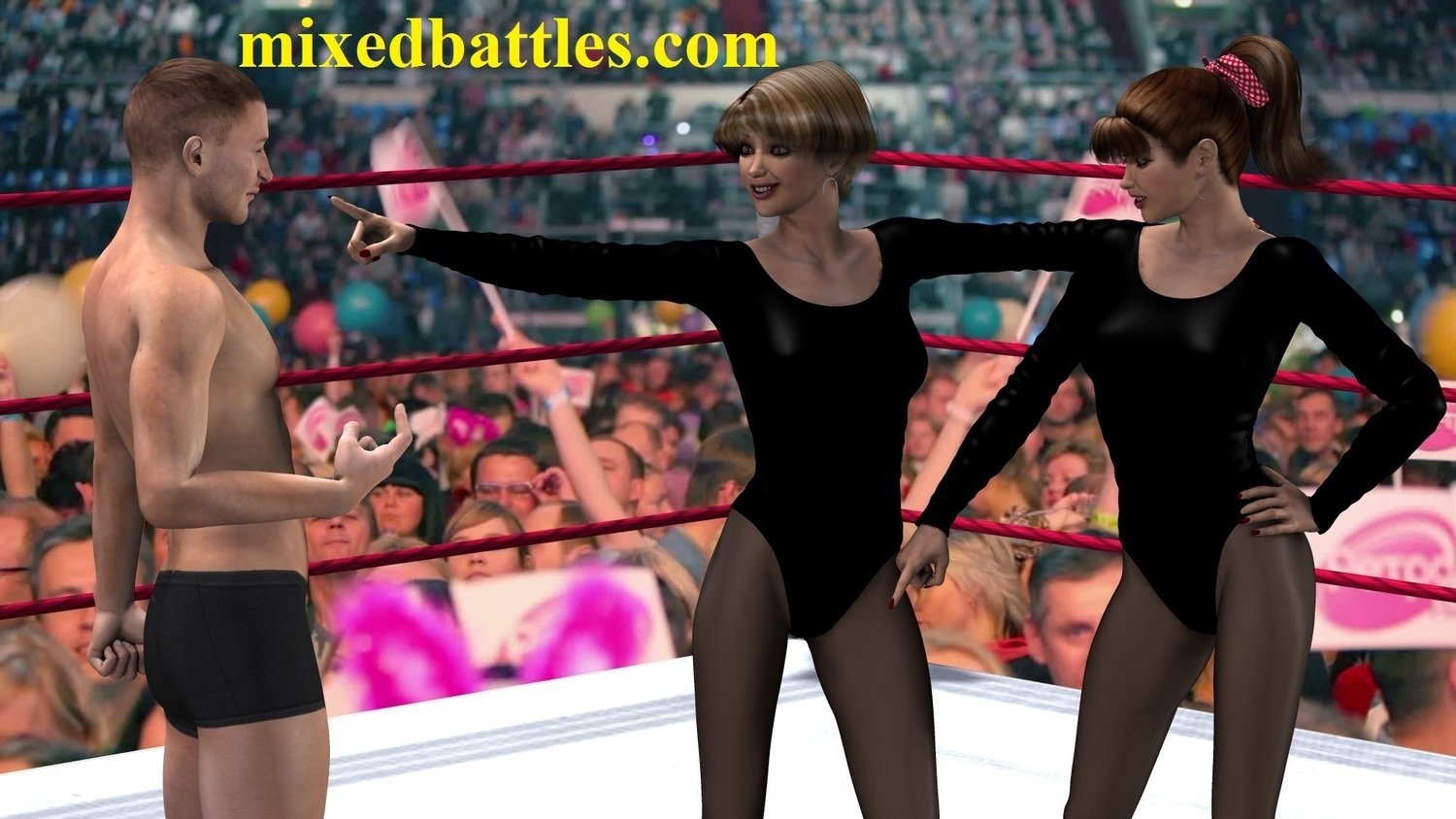 tag team mixed wrestling 2 on 1 female domination two gymnast leotard girls attack their male opponent