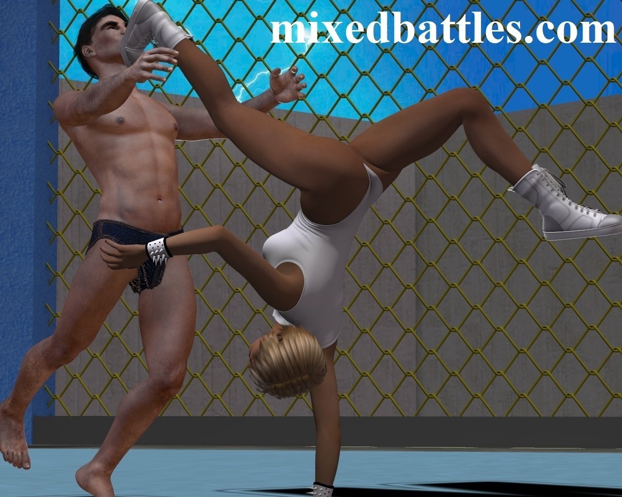 mixed kickboxing leotard girl kneed him in the balls