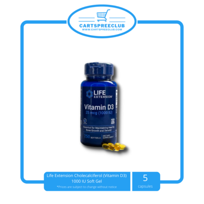 Life Extension Cholecalciferol (Vitamin D3) 1000 IU Soft Gel (5 Capsules)