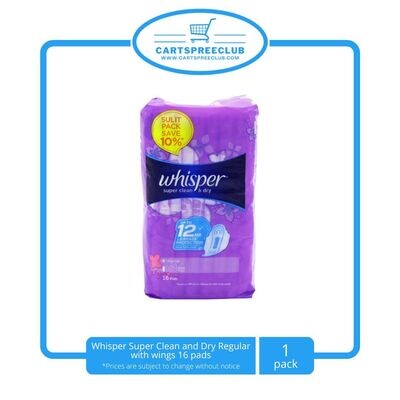 Whisper Super Clean and Dry Regular with wings 16 pads