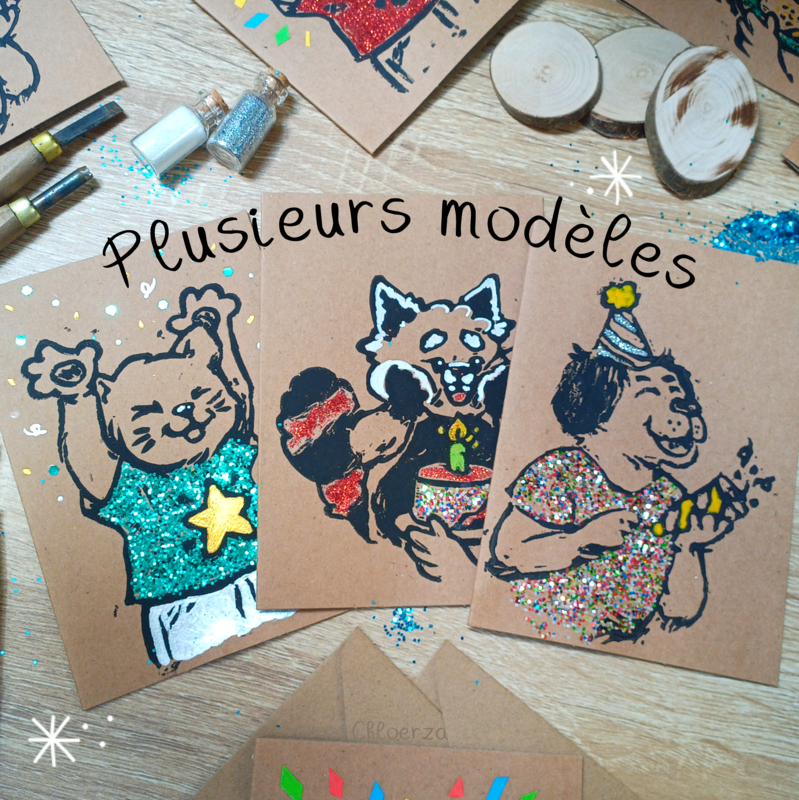 Cartes en linogravure Panda Roux, chat et chien ~