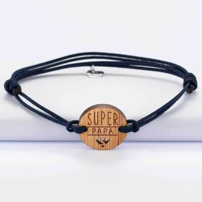 Bracelet Papa homme médaille gravée bois ronde 21 mm - Edition spéciale "Papa super héros"