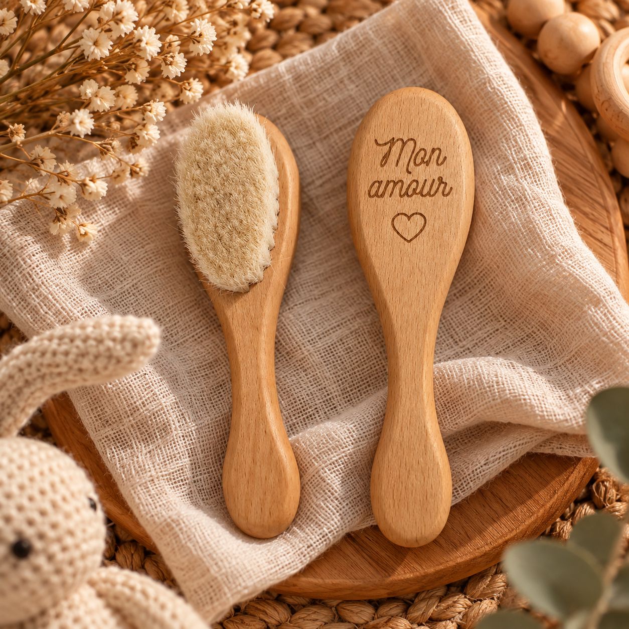 Brosse en bois gravée mon amour