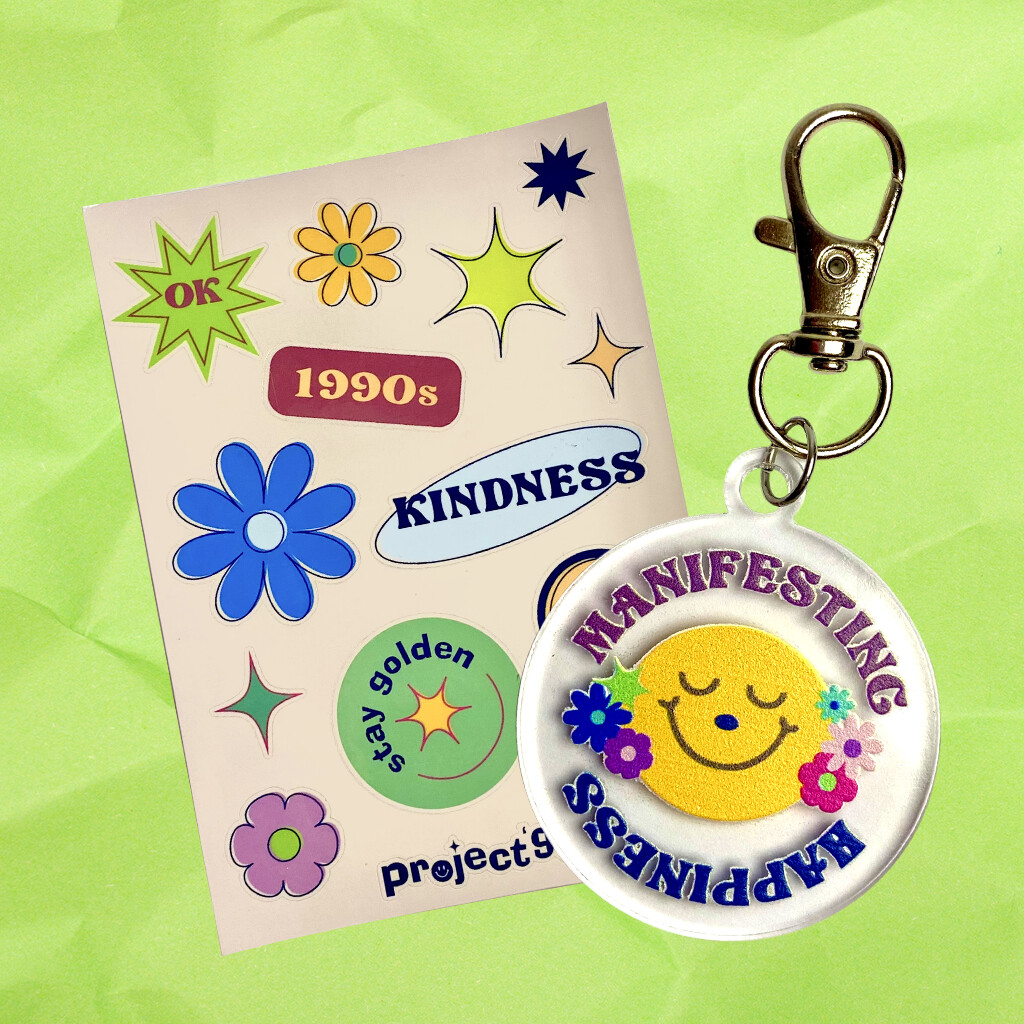 Self-Love Keychain &amp; Sticker Set C (Manifesting Happiness)