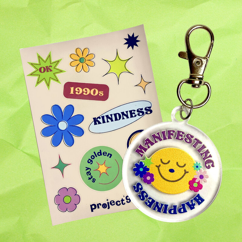 Self-Love Keychain &amp; Sticker Set C (Manifesting Happiness)