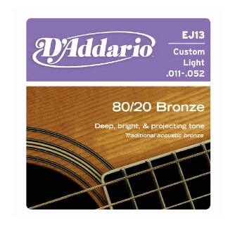 D&#39;Addario EJ13 80/20 Bronze Acoustic Guitar Strings Custom Light 11-52
