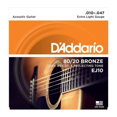D&#39;Addario EJ10 80/20 Bronze Acoustic Guitar Strings Extra Light 10-47