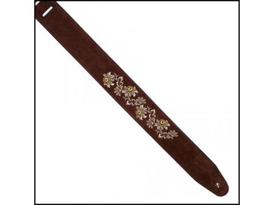 Colonial Leather Guitar Strap Double Suede Embroidered Flower &amp; Leaf Brown