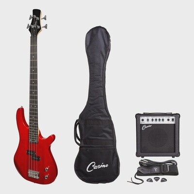 Casino &#39;24 Series&#39; Tune-Style Electric Bass Guitar and 15 Watt Amplifier Pack (Transparent Wine Red)