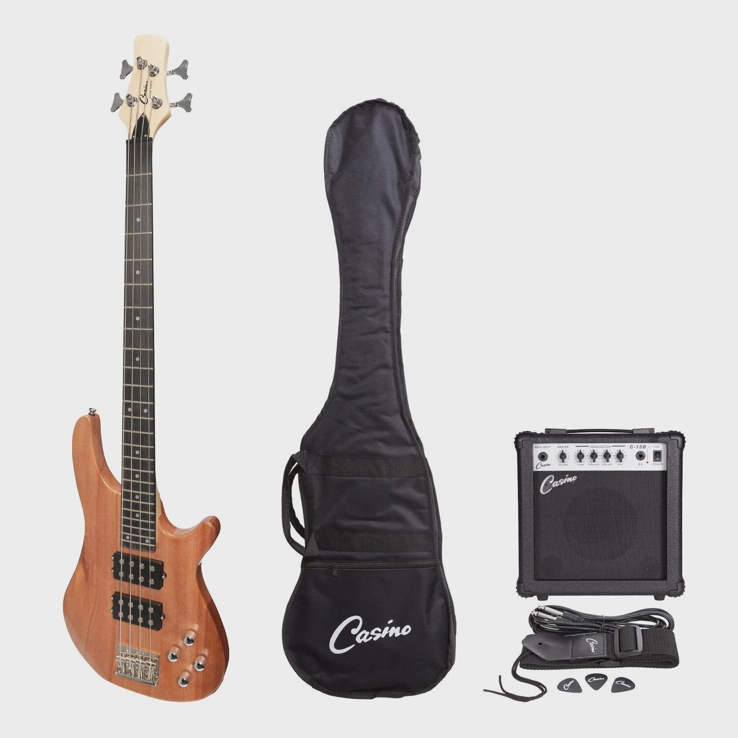 Casino &#39;24 Series&#39; Mahogany Tune-Style Electric Bass Guitar and 15 Watt Amplifier Pack (Natural Gloss)